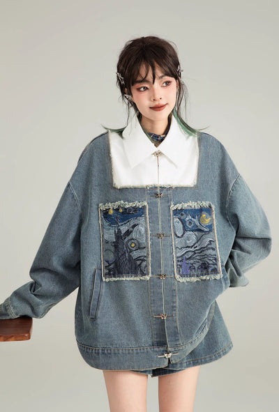 Literary Style Embroidered Denim Casual Jacket/Black Long Skirt KEI0122