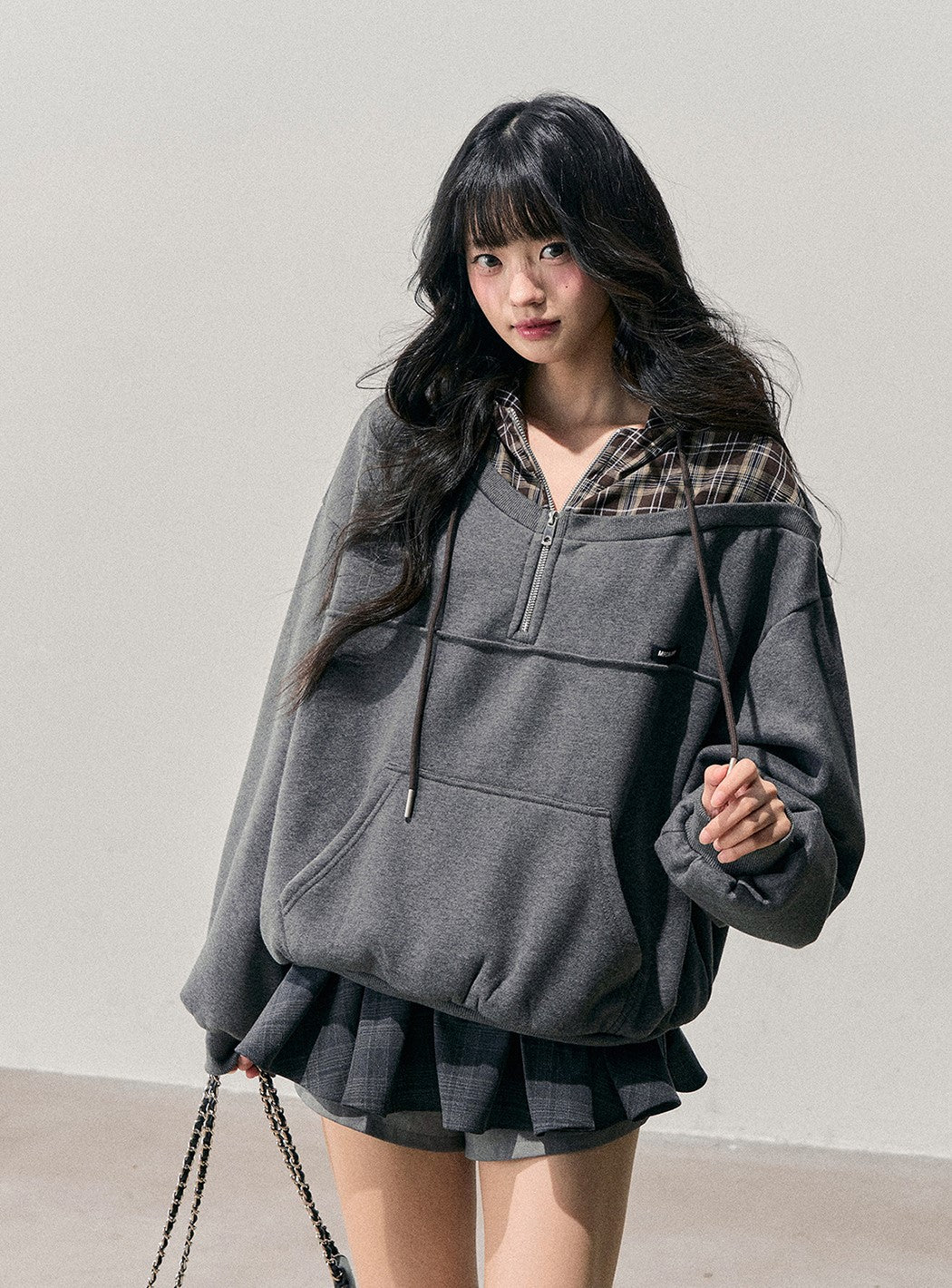 Faux Two-Piece Plaid Hooded Sweatshirt DIA0760