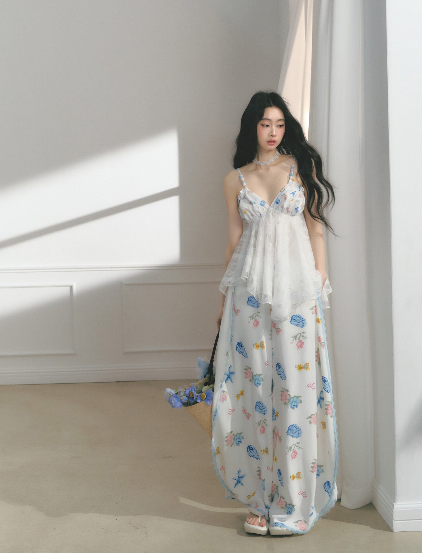 Floral Print Edge Lace Wide-Leg Pants SAL0176