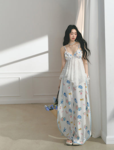 Floral Print Edge Lace Wide-Leg Pants SAL0176