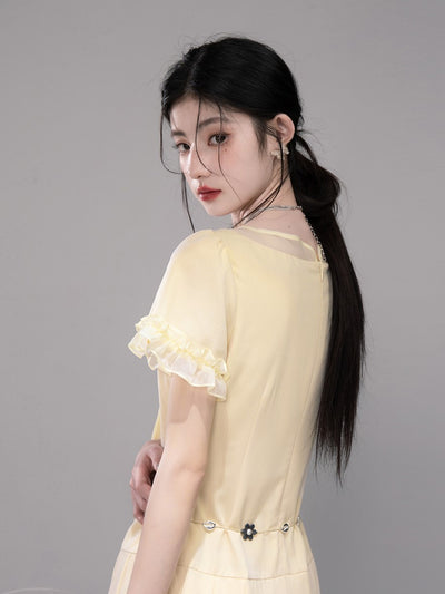 Honey Yellow Pleated Mesh Dress COT0321
