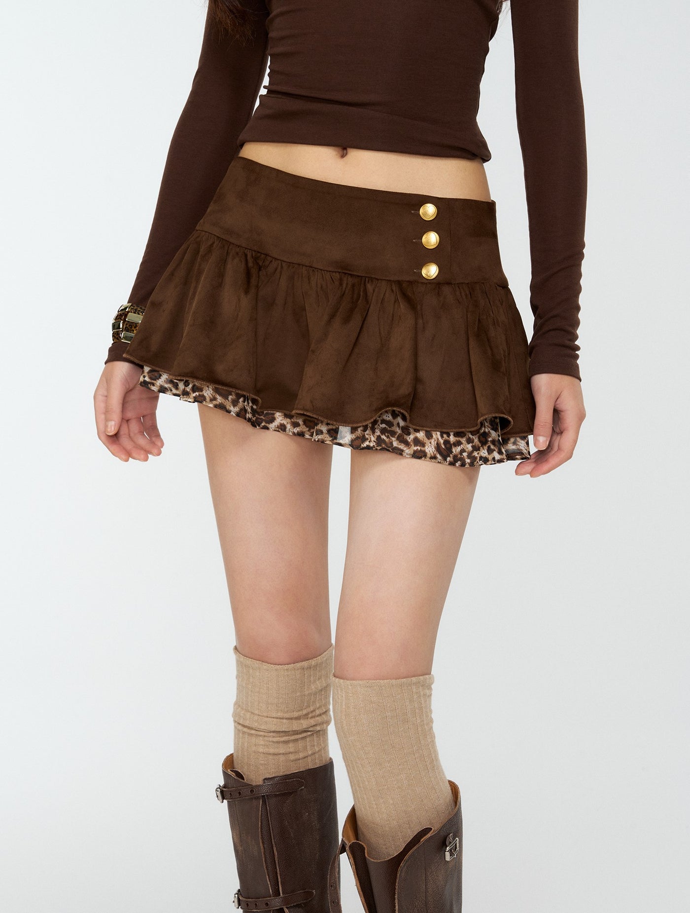 Suede Pleated Leopard Print Midi Skirt 4MU0168