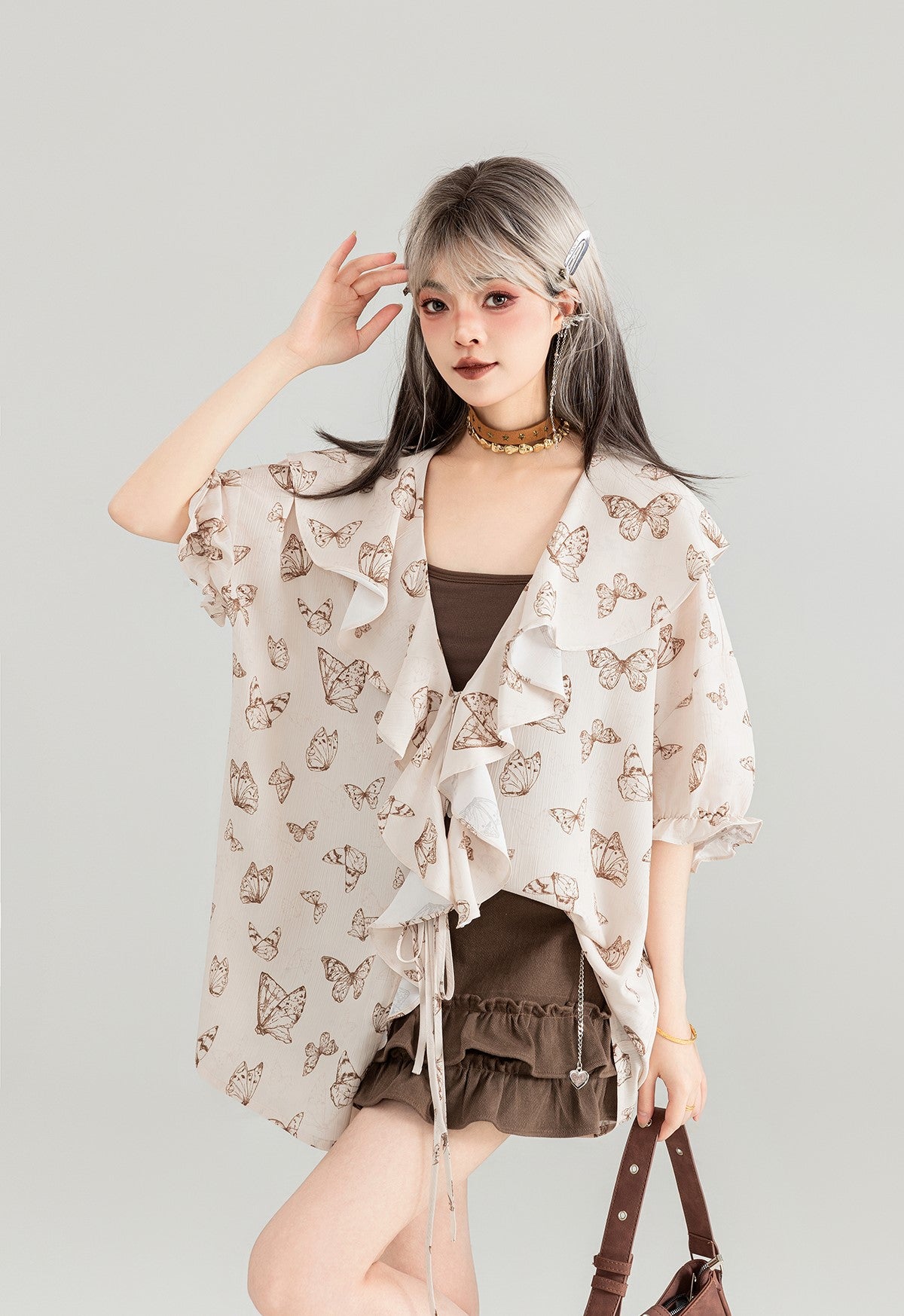 Butterfly Print Loose Lace Large Ruffled Chiffon Shirt/Plaid Skirt KEI0059