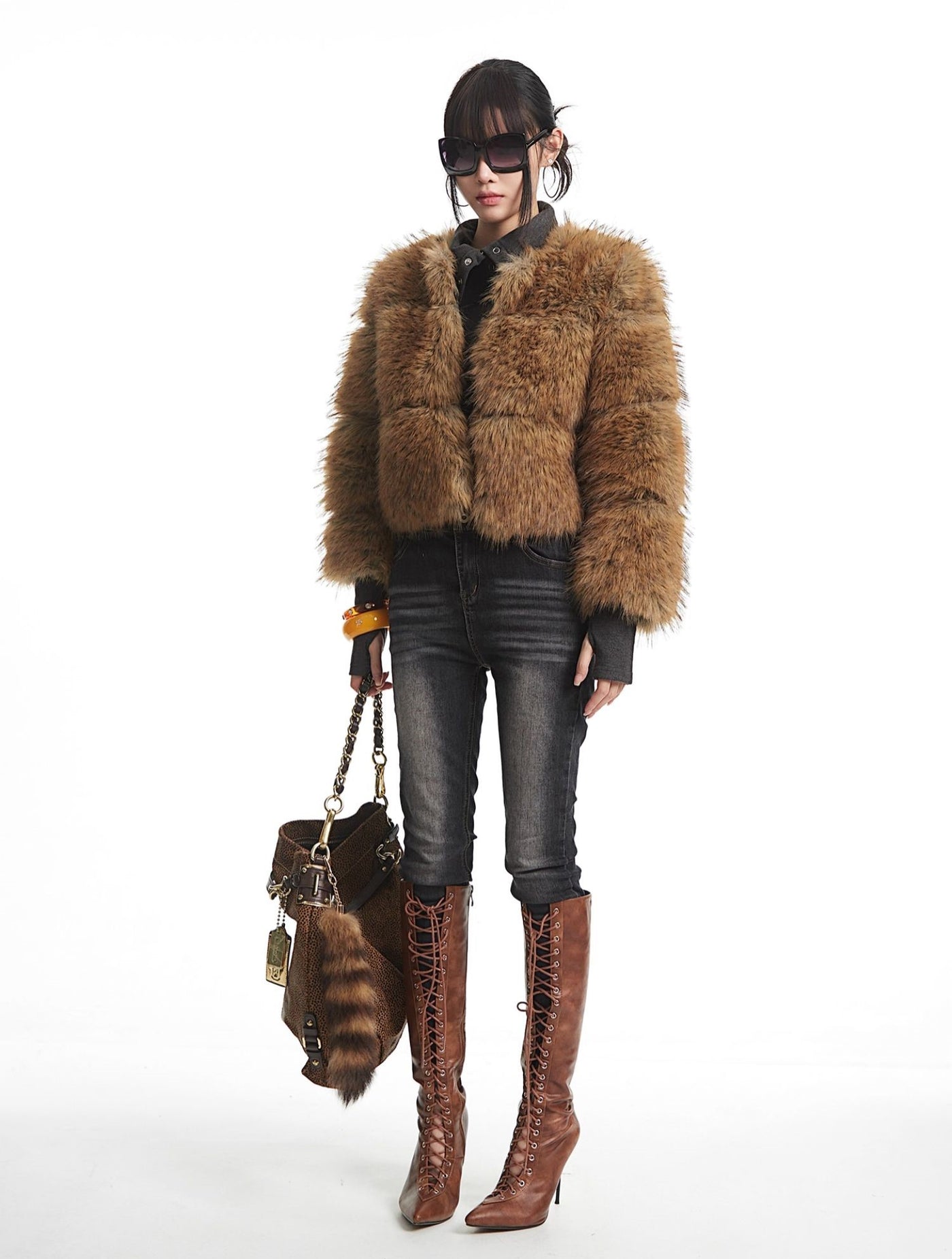 Brown Short Faux Fur Fluffy Coat UNC0332