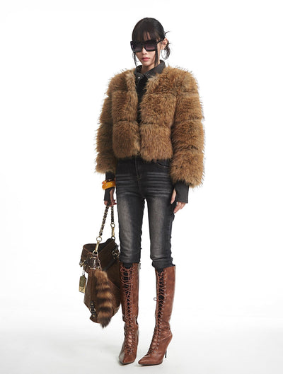 Brown Short Faux Fur Fluffy Coat UNC0332