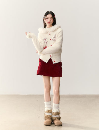 Cat Embroidery Fur Collar Knit Cardigan NTO0248