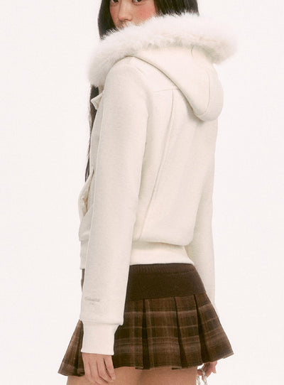 White Retro Fur Collar Hooded Jacket WEE0126