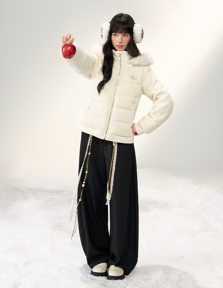 Cable Knit Patchwork Fur Collar Down Jacket NTO0249