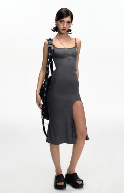 Basic Slim Backless Hem Slit Suspender Dress DPR0051