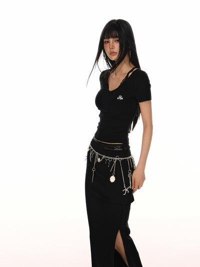 Simple V-neck Fake Two-piece T-shirt ACM0079