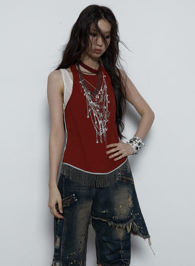 Punk Print Chain Fake Two-piece Contrast Color Camisole NOR0075