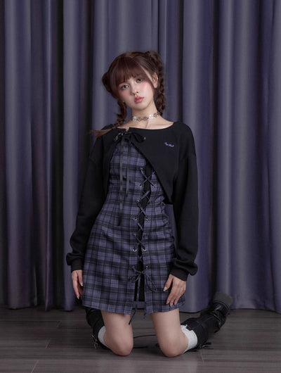 Blueberry Purple Checkered Dress/Black Short Cardigan SAG0193