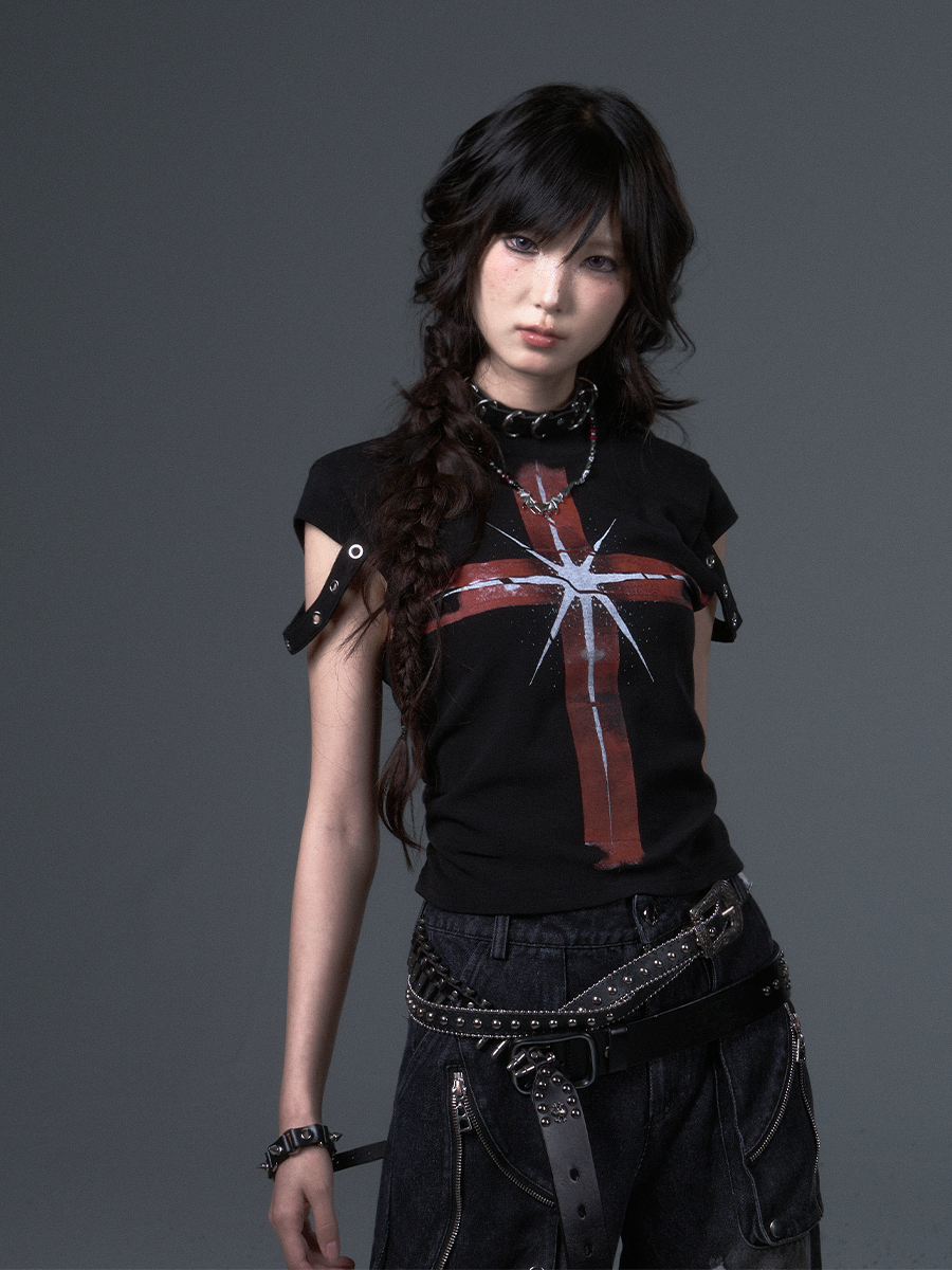 Punk Cross Print Short T-shirt FRU0105
