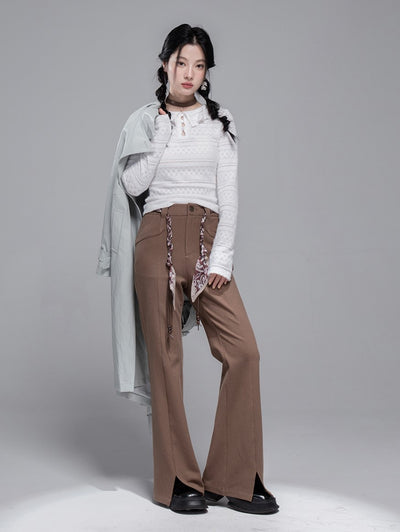 Chestnut Brown Scarf Belt Flared Pants COT0360