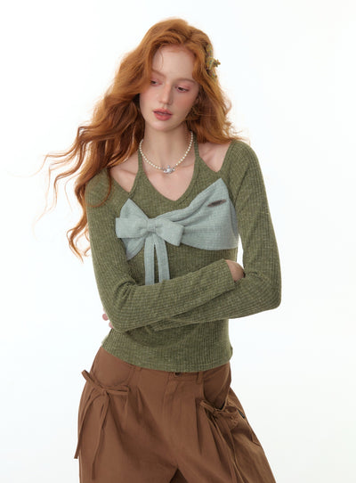Contrast Color Stitching Bow Tie Sweater ZIZ0300