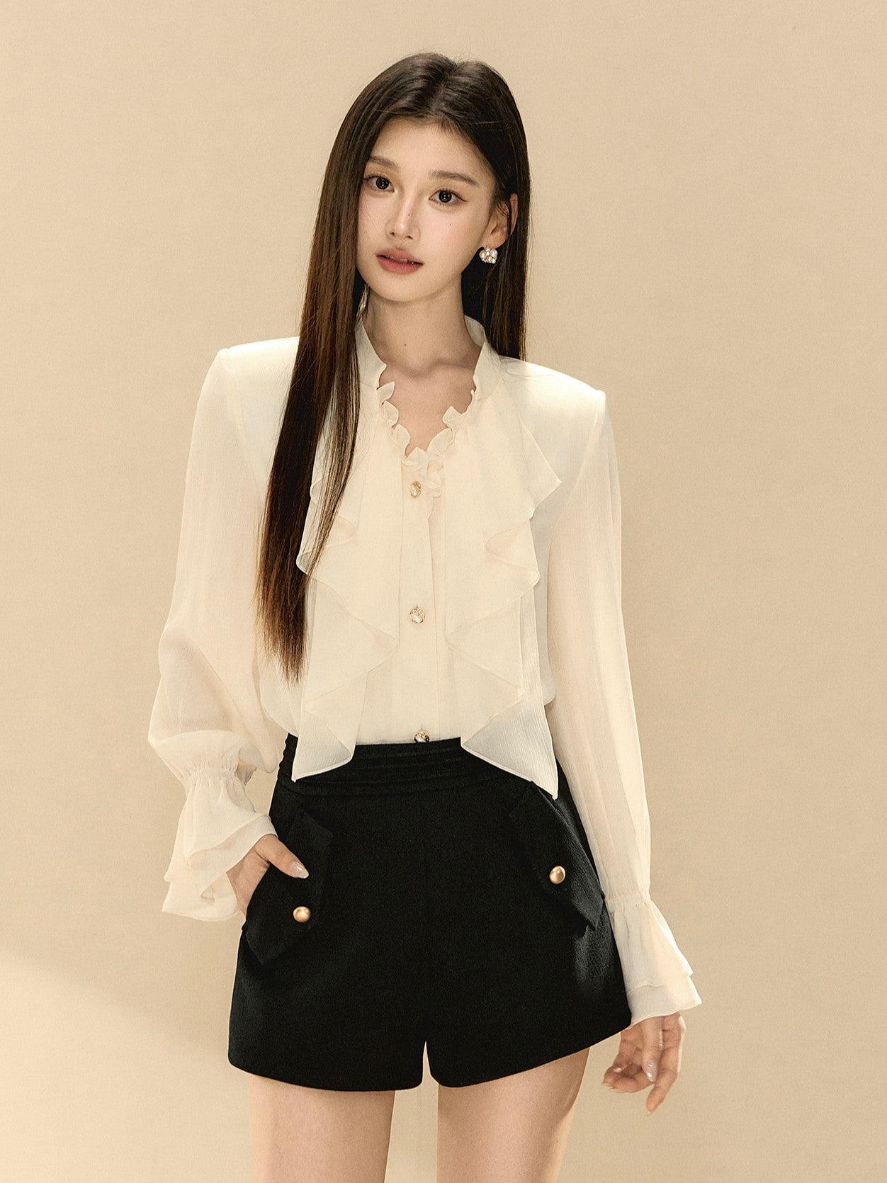White V-neck Ruffle Shirt OSH0135