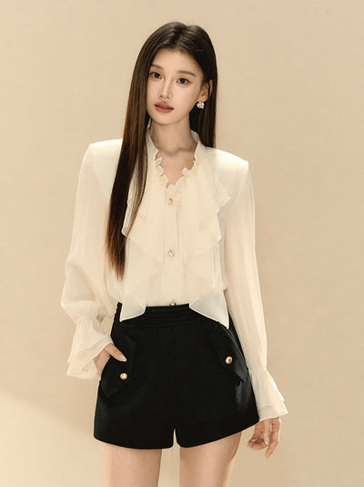 White V-neck Ruffle Shirt OSH0135