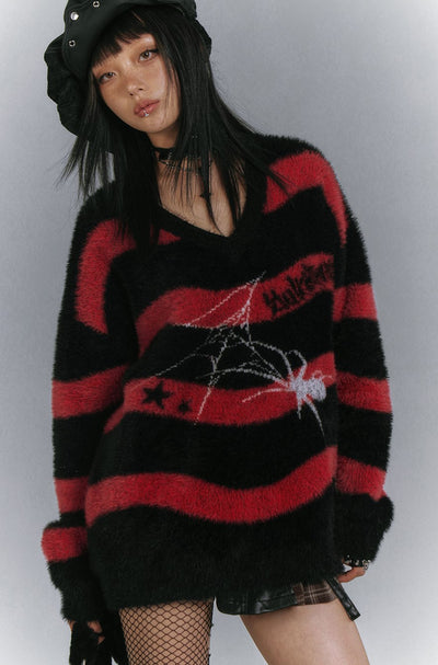 V-neck Spider Loose Striped Sweater KIN0147