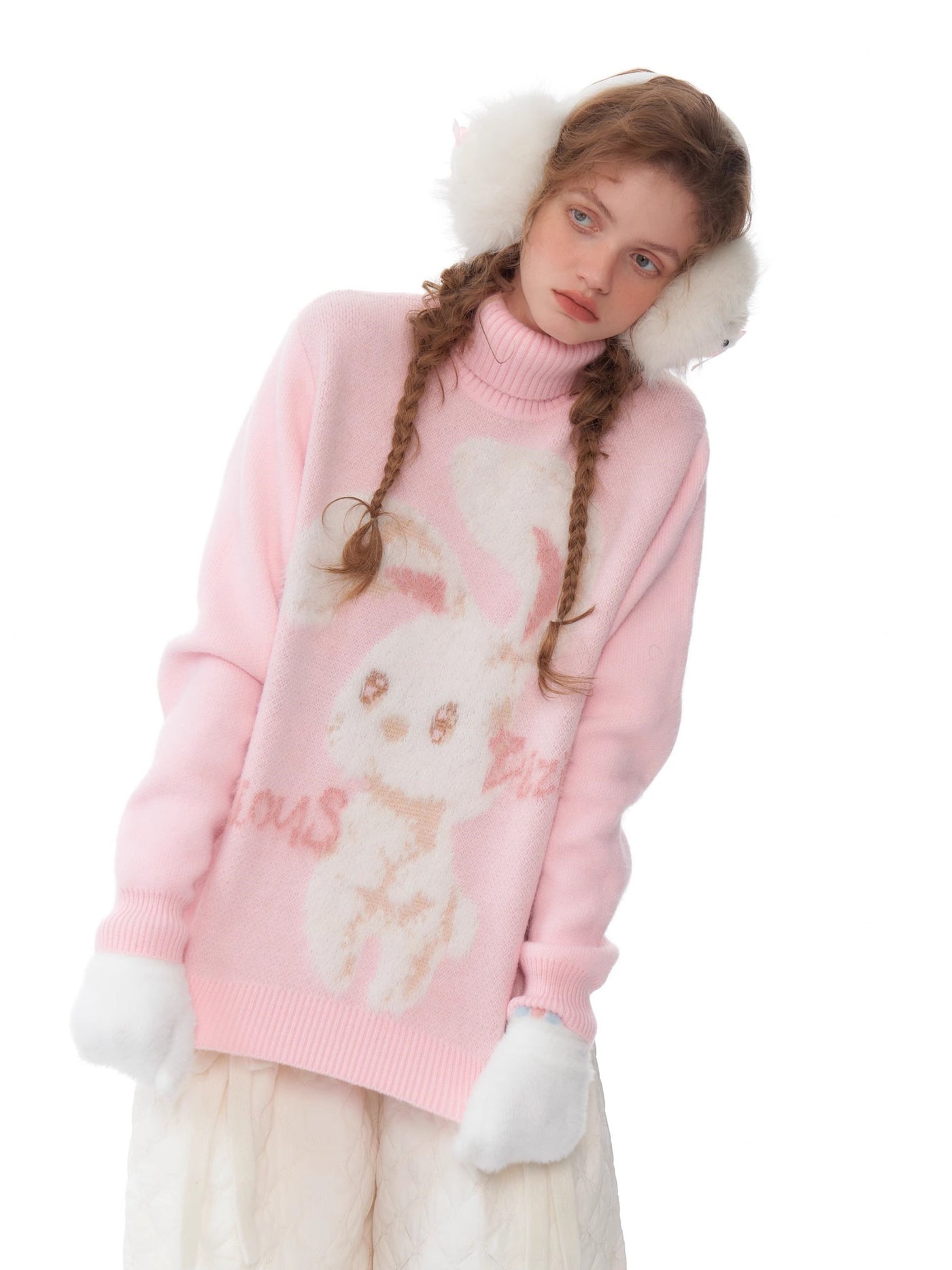 Retro Design High-grade Rabbit Soft Lazy Pink Turtleneck Sweater ZIZ0196