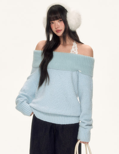 Blue Off-Shoulder Lace Halter Sweater WEE0090