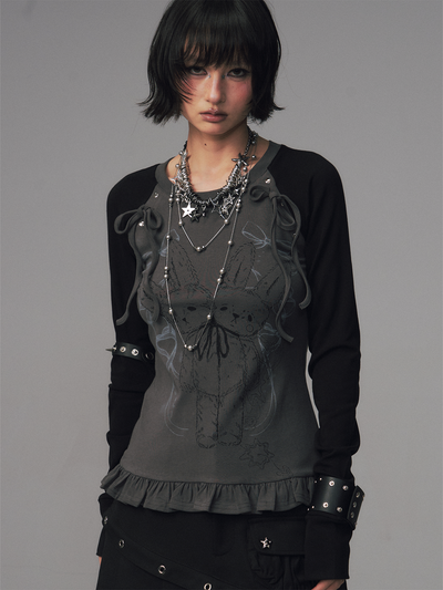 Bow Lace Print Raglan Long Sleeve T-Shirt FRU0126