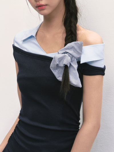 Off-shoulder Shirt Patchwork Dress WEE0003