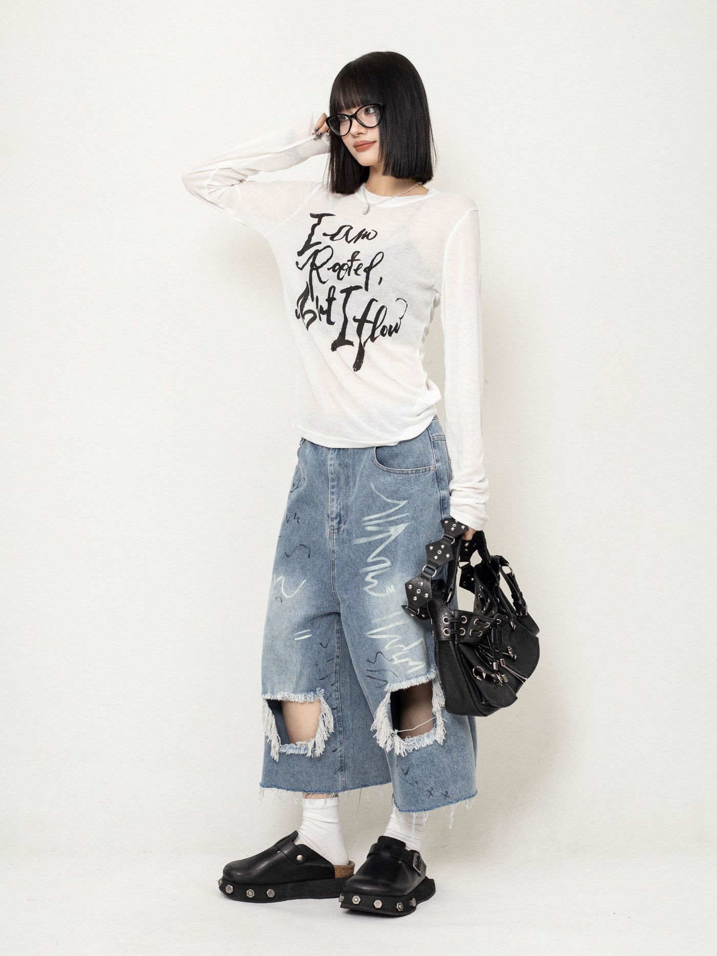 Lazy Style Letter Pullover Mesh Long Sleeves T-shirt ZER0232