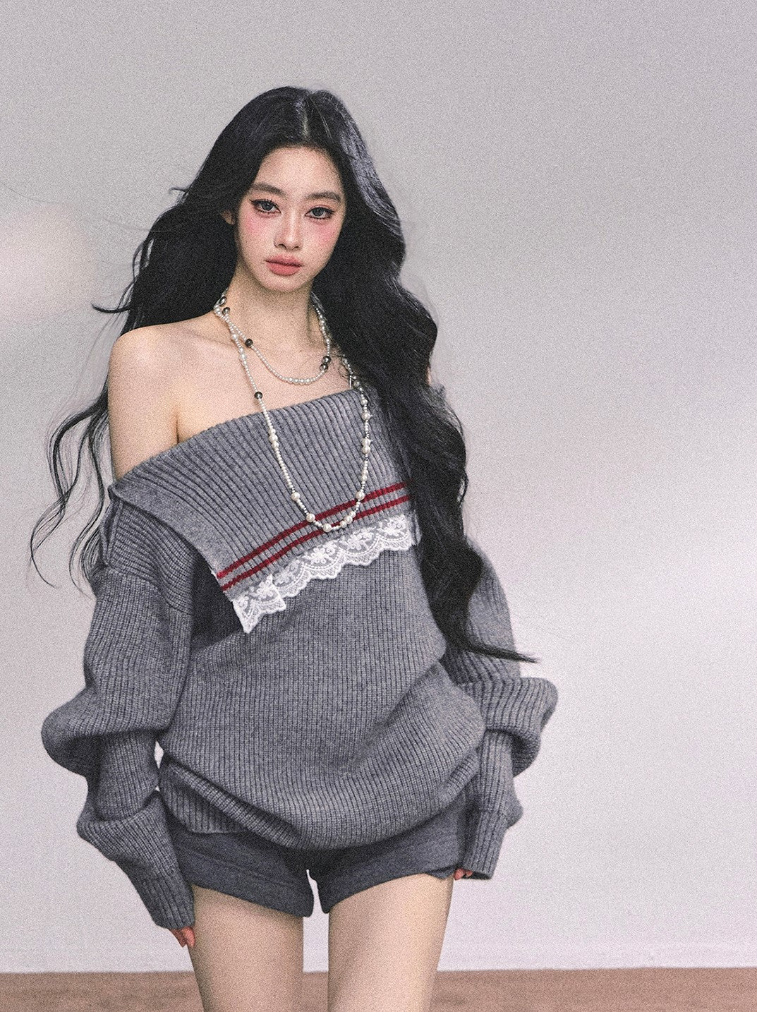 Lace Off-shoulder Loose Sweater DIA0632