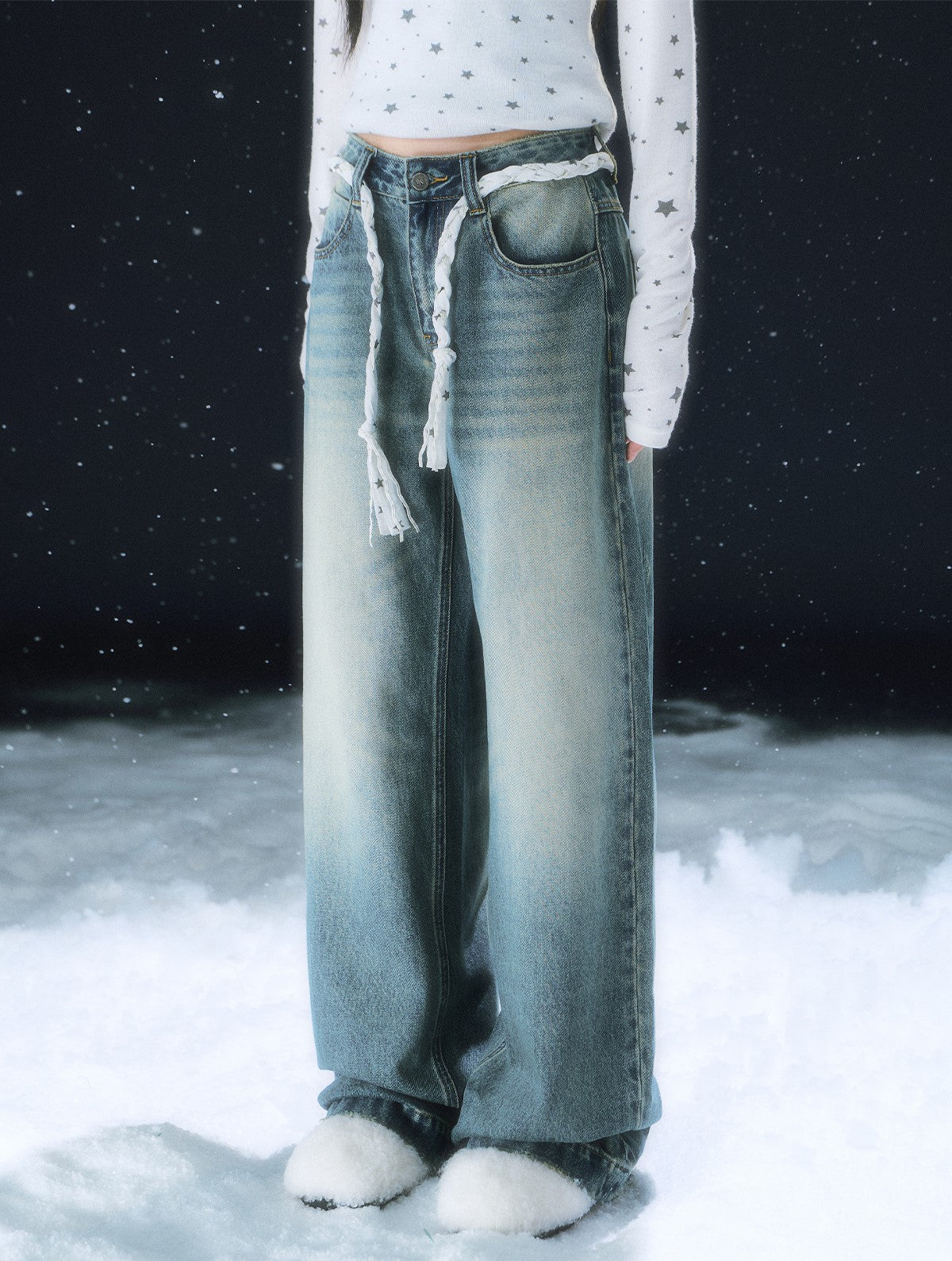 Retro Star Lace-up Washed Straight Leg Jeans WEE0112