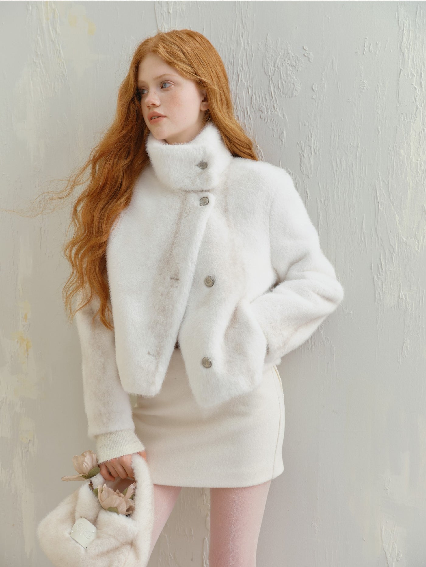 White Half-High Collar Mink Short Fur Jacket SAL0083