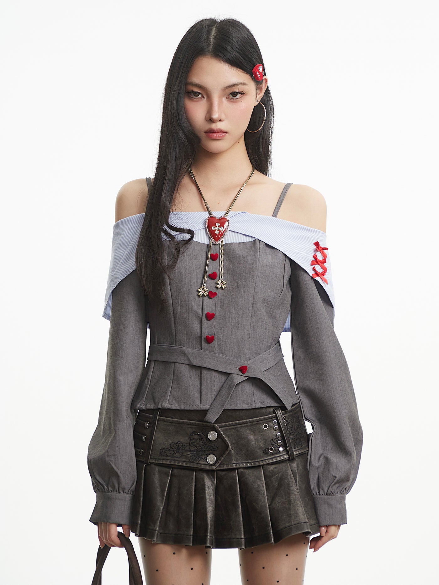 Off-Shoulder Heart Button Long-Sleeved Shirt UNC0318