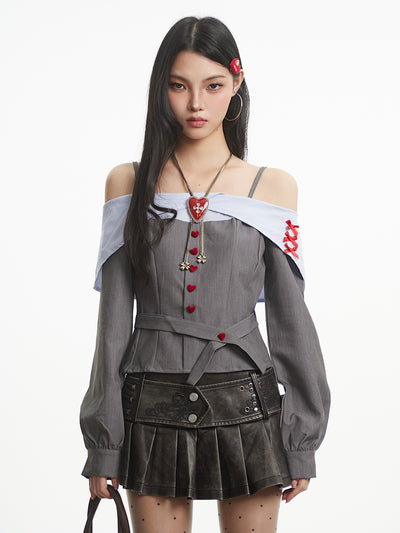Off-Shoulder Heart Button Long-Sleeved Shirt UNC0318