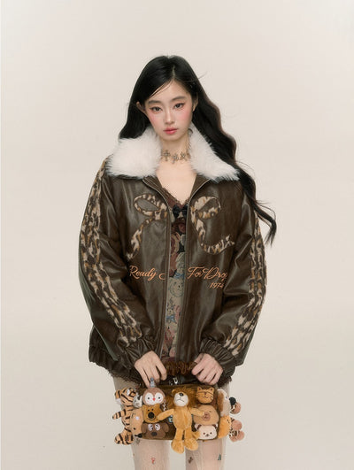 Fur Collar Loose Leopard Print Leather Jacket DIA0223