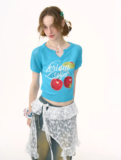 Cherry Print V-neck Short Knit ZIZ0261
