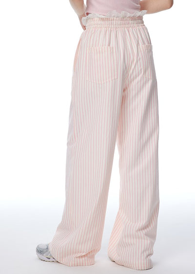 Pink Striped Pleated Lace Waist Casual Pants NTO0112