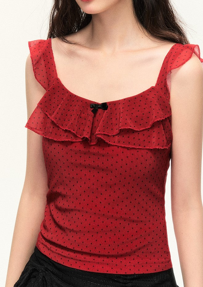 Double-layer Red Lace Butterfly Slim Polka Dot Top NTO0094