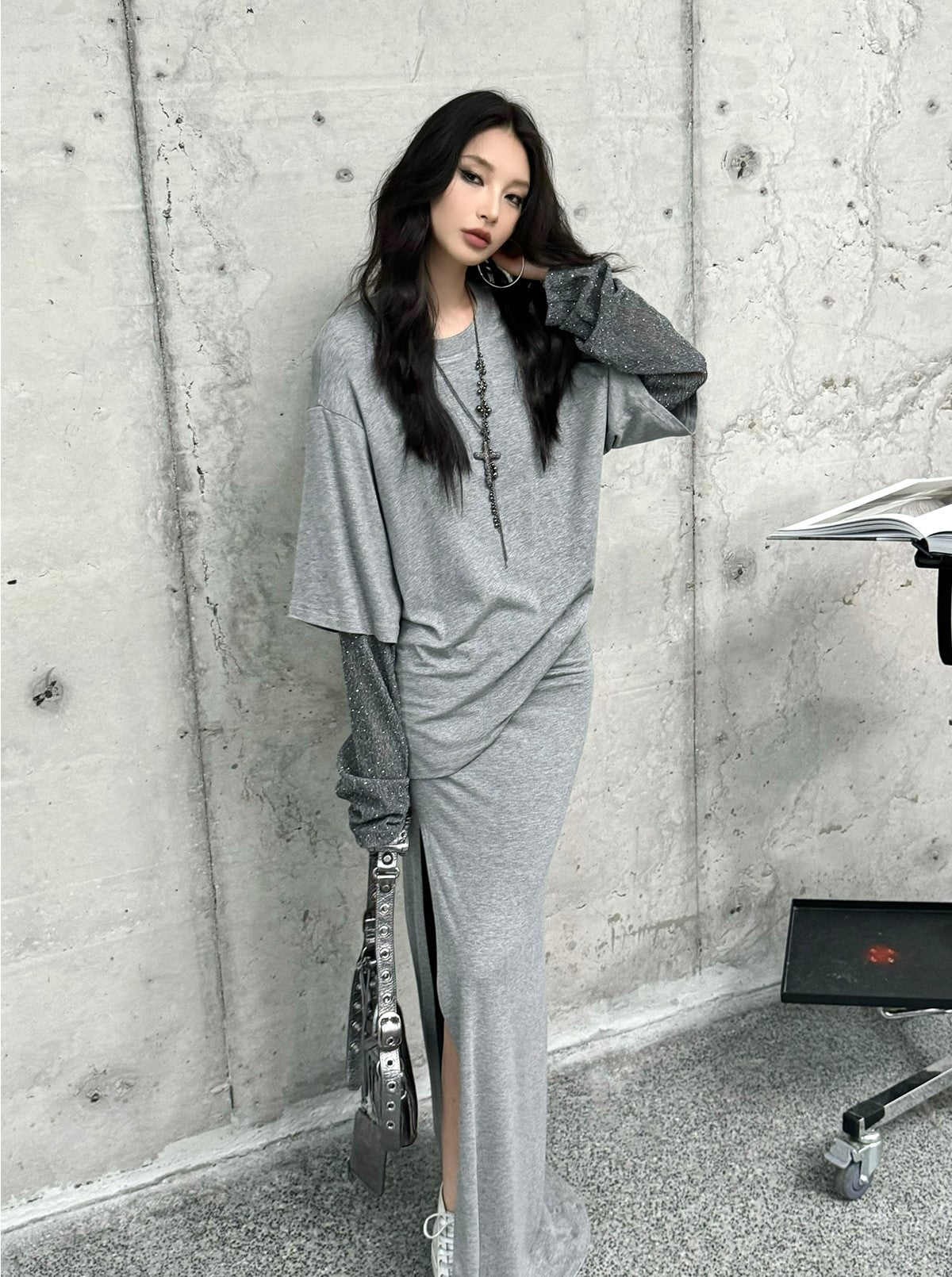 Knitted Pleated Asymmetric Long Skirt IAM0055