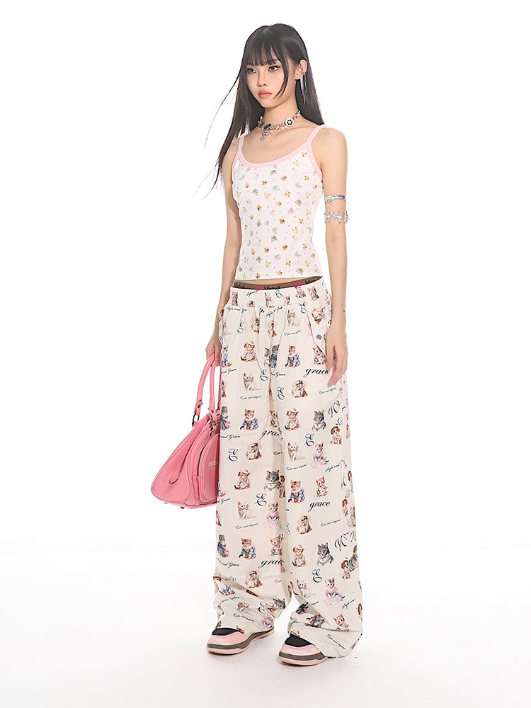 Cat Letter Floral Loose Straight Casual Pants UNC0125