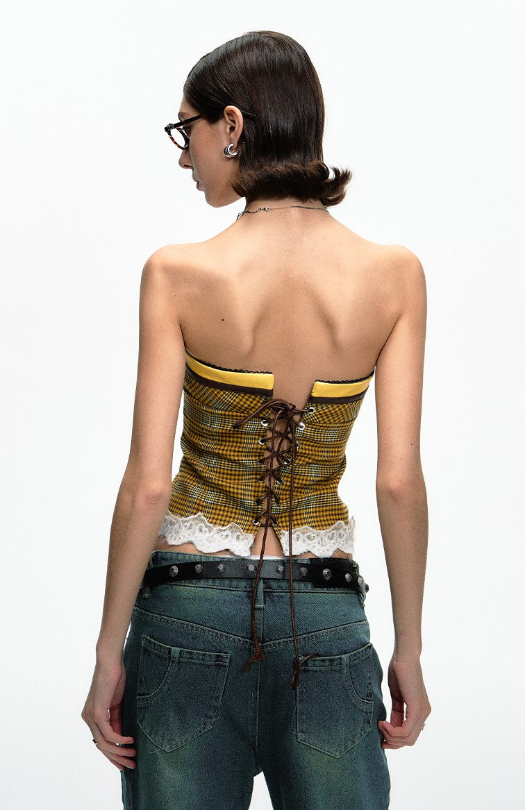 Yellow Leather Lace Backless Tube Top DPR0052