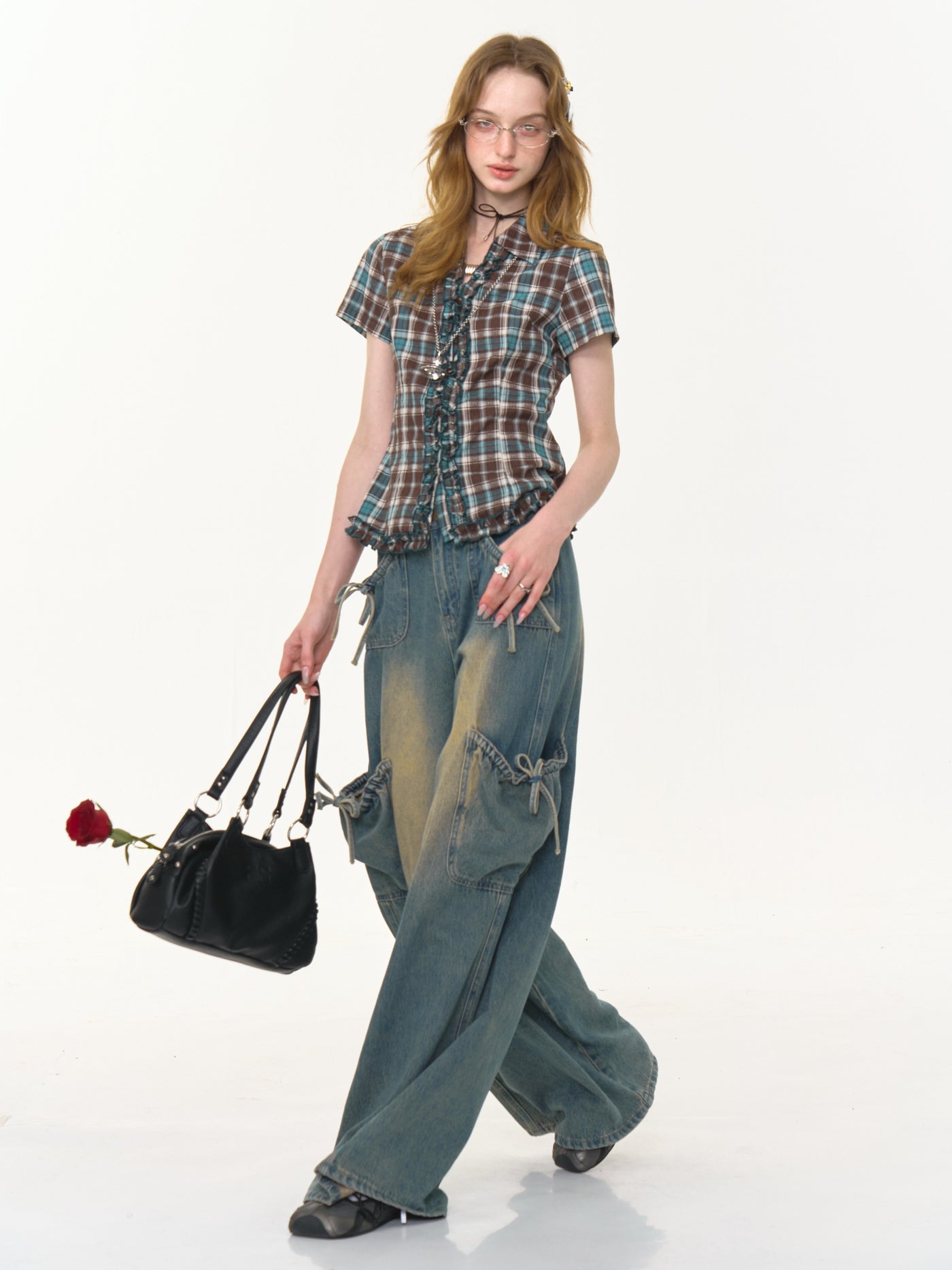 Lace Brown And Blue Plaid Short-sleeved Shirt ZIZ0276