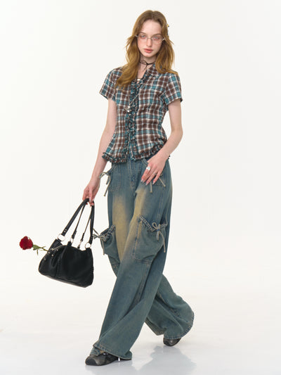 Lace Brown And Blue Plaid Short-sleeved Shirt ZIZ0276