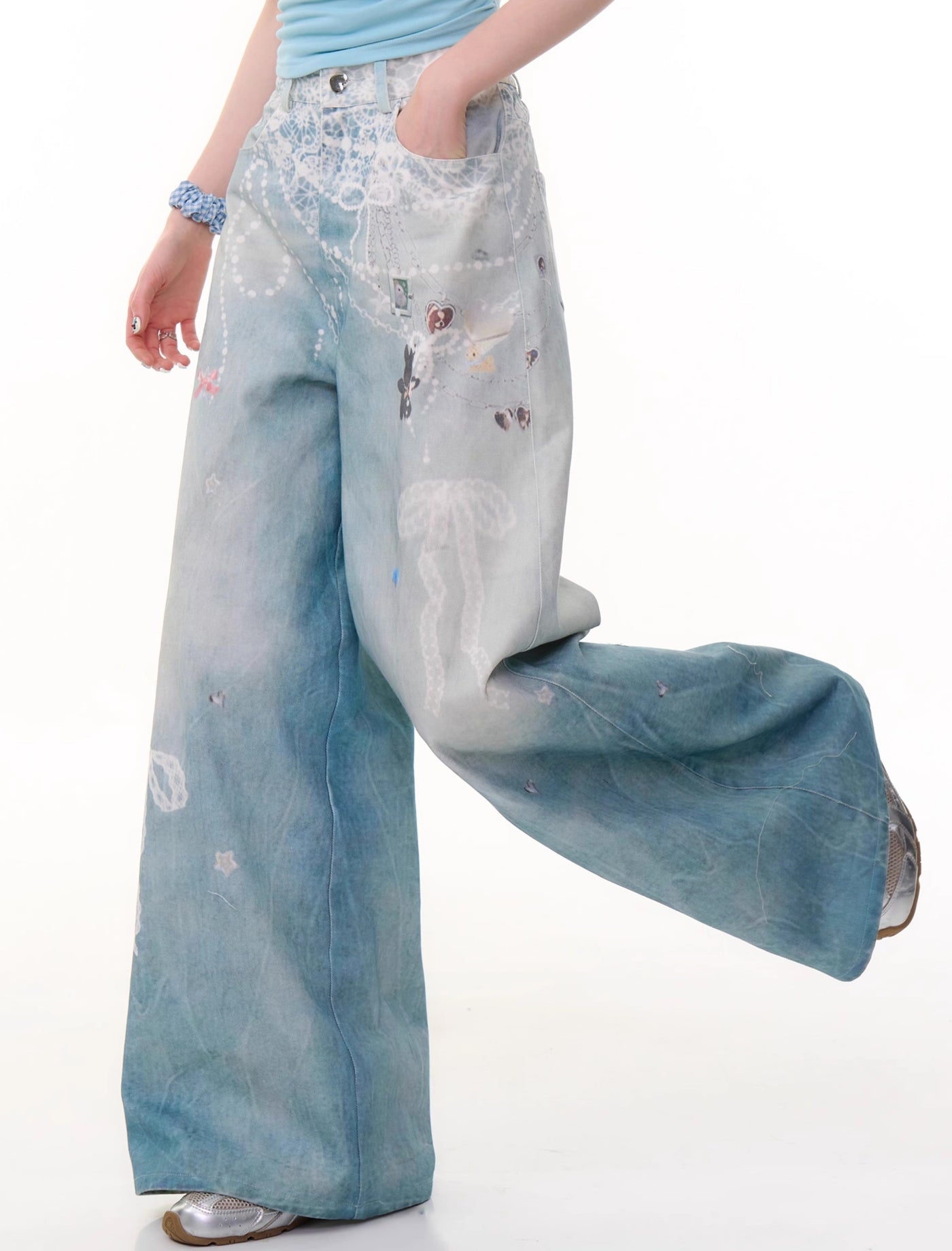 Chain Print Wide Leg Blue Jeans ZIZ0282