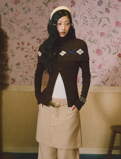 Argyle Design Long-Sleeved Knitted Cardigan LAL0230