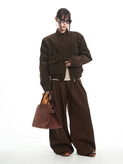 Brown Retro Suede Stand Collar Jacket UNC0330