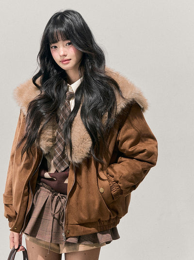 Brown Quilted Thick Detachable Fur Collar Jacket DIA0743