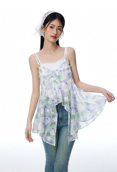 Blue And Green Flower-cut Suspender Bow Top/White Camisole NTO0116