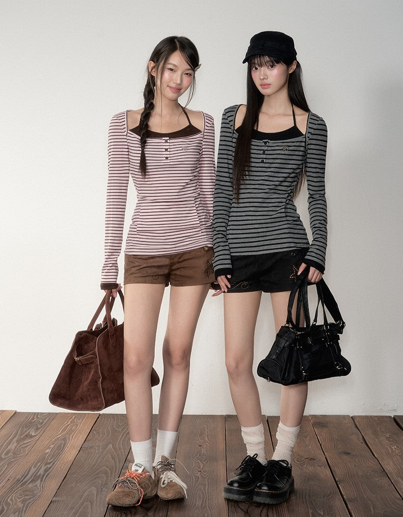 Fake two-piece Striped Hooded T-shirt SOO0024