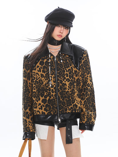 Wild Leopard Design Leather Lapel Zipper Jacket UNC0189