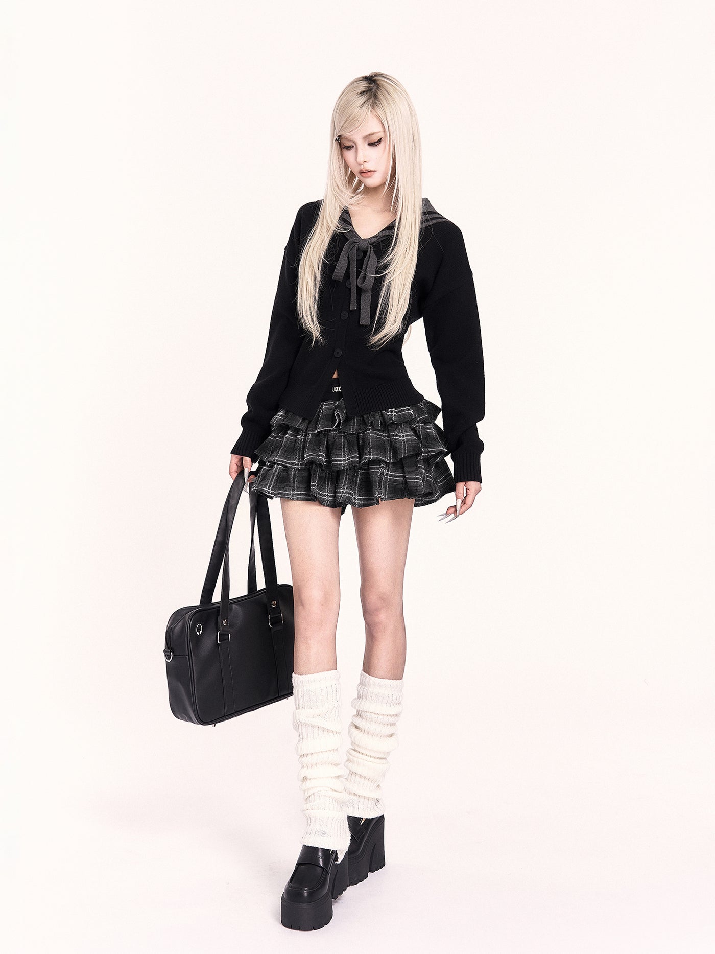 Navy Collar Cross Long Sleeves Sweater VOC0479