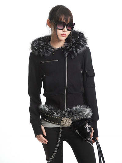 Black Fur-Collar Hooded Sweatshirt Short Jacket UNC0325